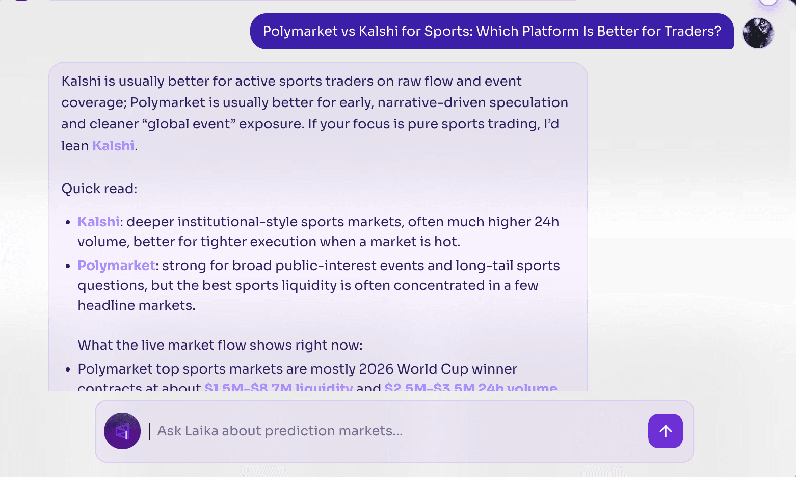 image.pngScreenshot of a prediction markets discussion comparing Polymarket and Kalshi for sports trading. The analysis highlights Kalshi's stronger sports market liquidity, higher trading volume, and better execution for active traders, while Polymarket is positioned as a platform for narrative-driven speculation and global event markets. Key points include market depth, liquidity comparisons, and sports trading opportunities.