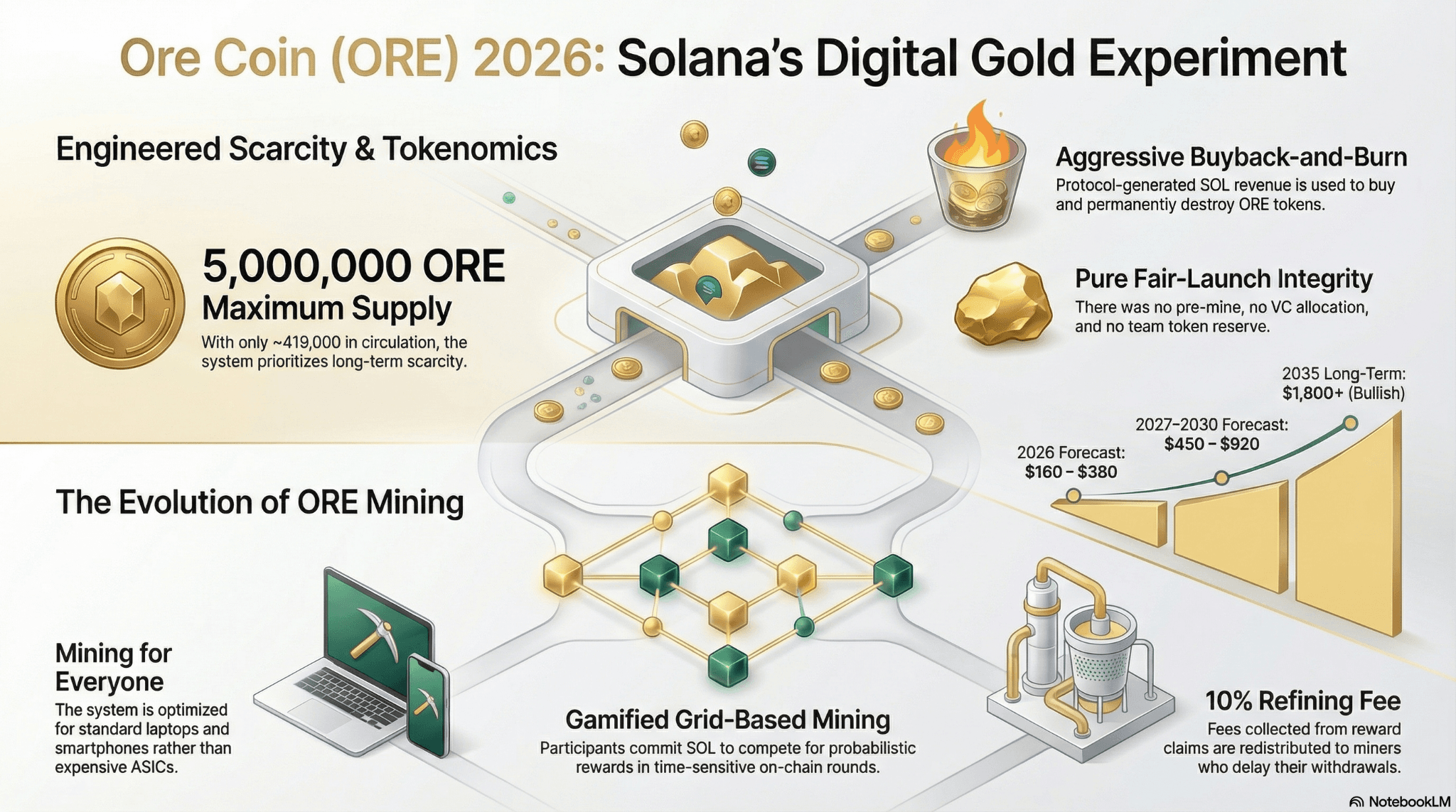 Infographic explaining Ore Coin (ORE) on Solana, highlighting a 5,000,000 maximum supply, fair-launch design with no pre-mine or VC allocation, gamified grid-based mining, protocol-driven buyback and burn, refining fees, and long-term price outlook illustrated through diagrams and charts.