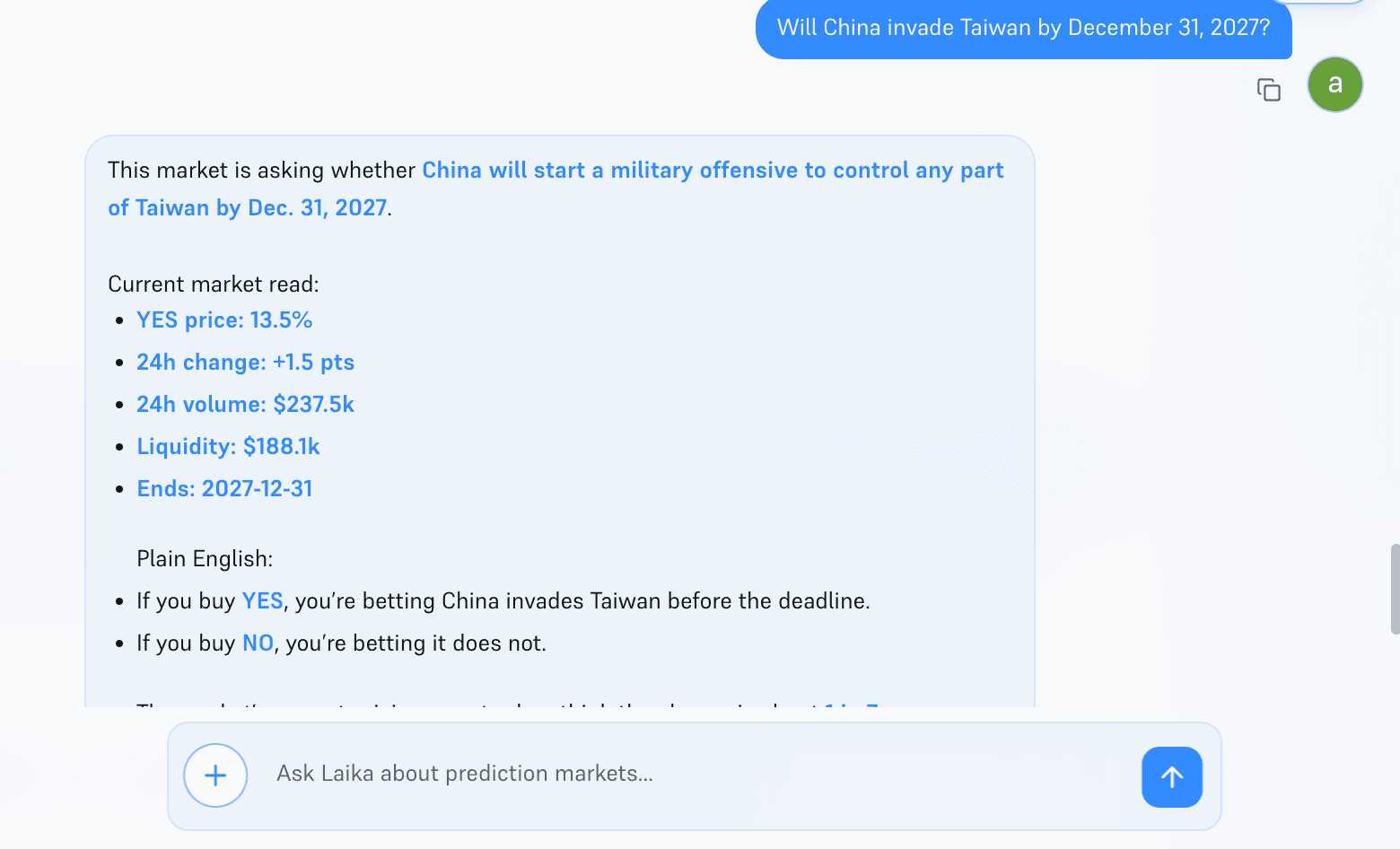 image.pngLaika AI explains a China–Taiwan prediction market, summarizing market rules, current odds, liquidity, trading volume, and what a YES or NO position means in plain English.