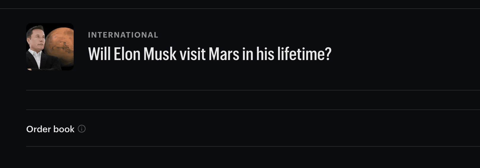 Kalshi market asking whether Elon Musk will visit Mars in his lifetime, with an empty order book visible below the market title.