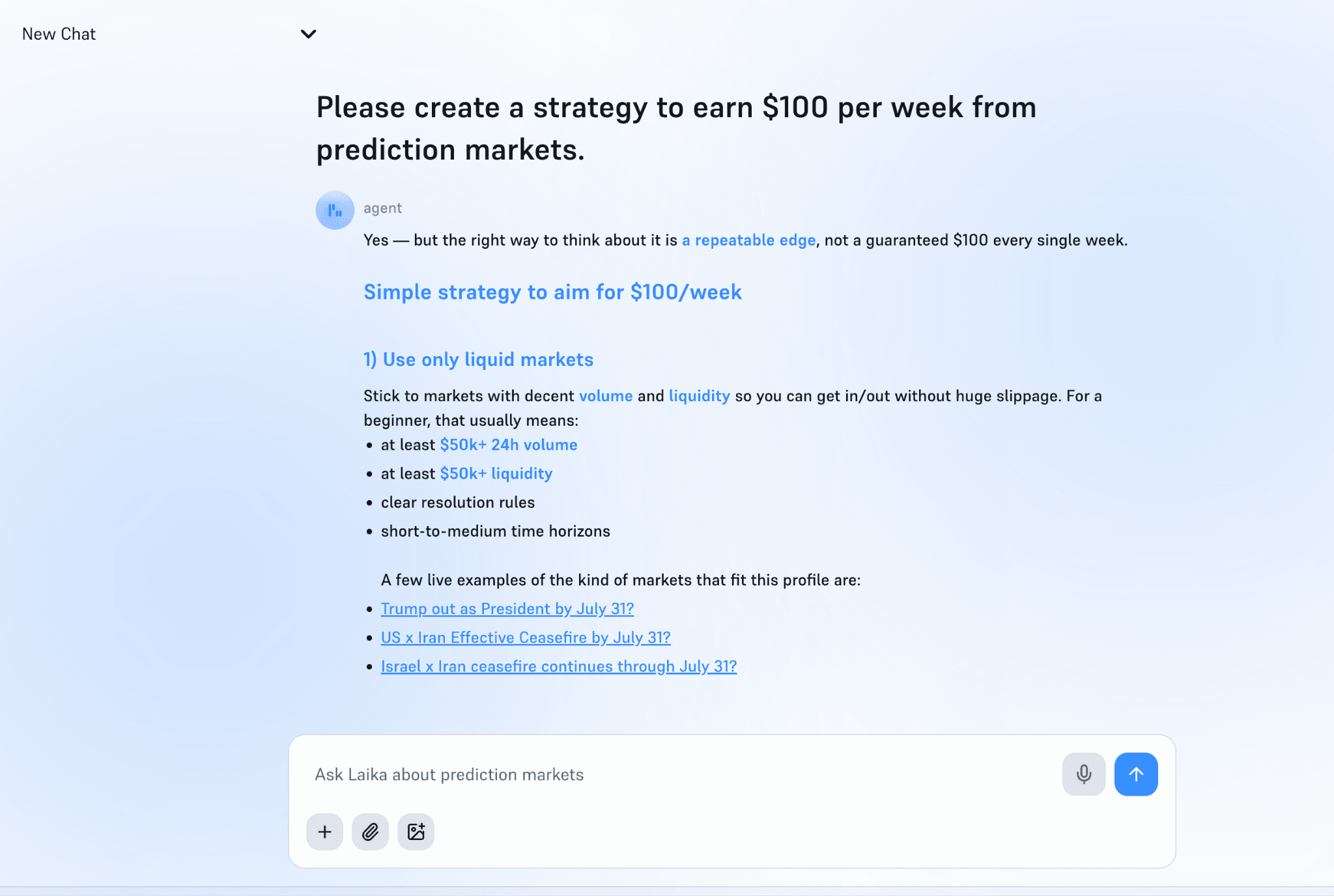 image.pngLaika AI assistant generates a personalized prediction market trading strategy, highlighting liquidity filters, risk management, and step-by-step guidance to help traders build a consistent edge on Polymarket and Kalshi.