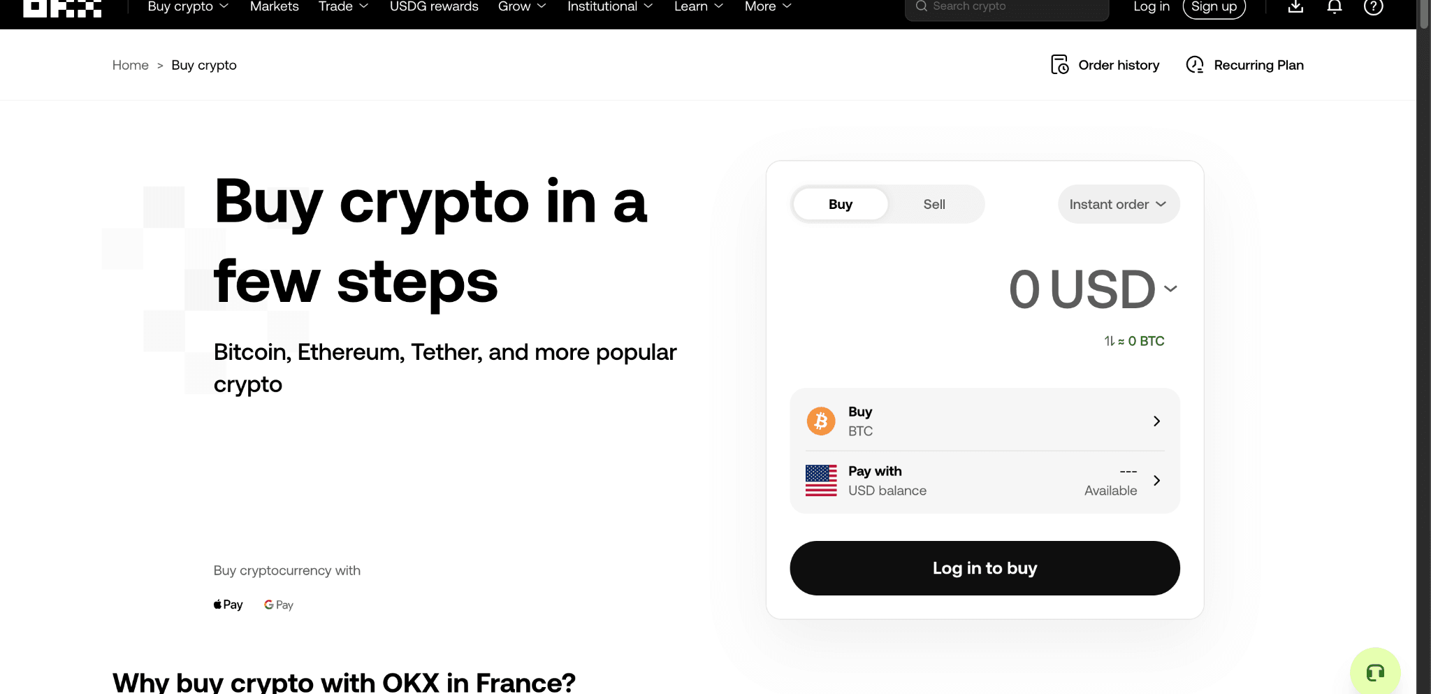 OKX crypto purchase page showing an instant Bitcoin buy interface, USD payment option, cryptocurrency selection, and login-to-buy button.