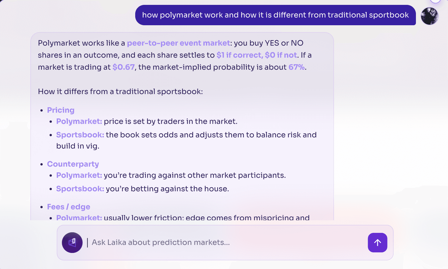 image.pngScreenshot explaining how Polymarket works as a prediction market and how it differs from traditional sportsbooks in pricing, counterparties, and fees.