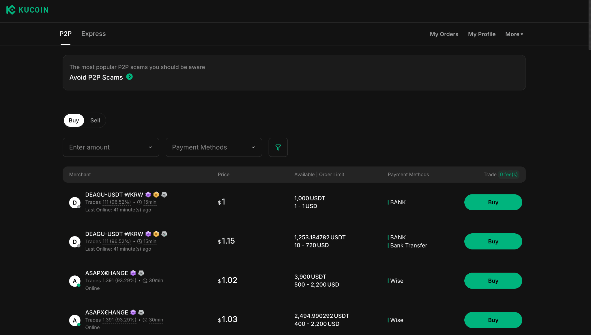 image.png KuCoin P2P trading marketplace displaying USDT offers, merchant prices, available balances, order limits, payment methods, and Buy buttons.
