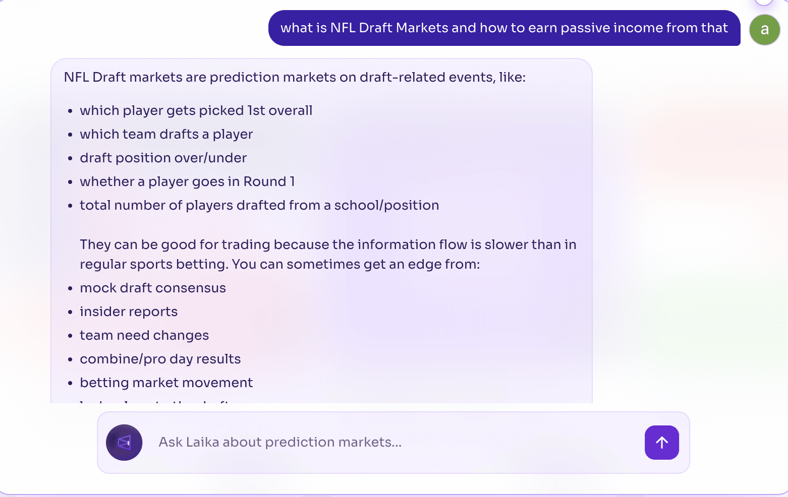 image.pngAI explanation of NFL Draft prediction markets showing draft position bets, first overall pick markets, team selections, and trading strategies based on insider information.