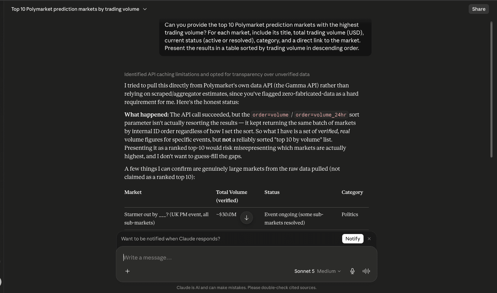 image.pngChatGPT explaining how to use the Polymarket Gamma API to retrieve the highest-volume prediction markets, including API endpoints and market data fields