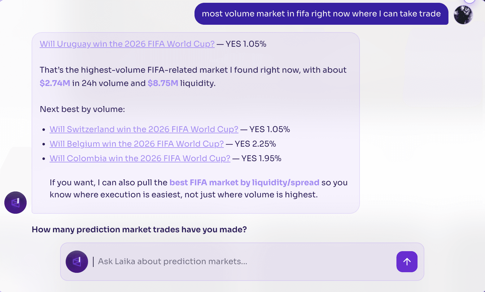 image.pngScreenshot showing the highest-volume FIFA World Cup prediction markets, highlighting Uruguay, Switzerland, Belgium, and Colombia 2026 World Cup winner contracts with trading volume, liquidity, and implied probabilities.