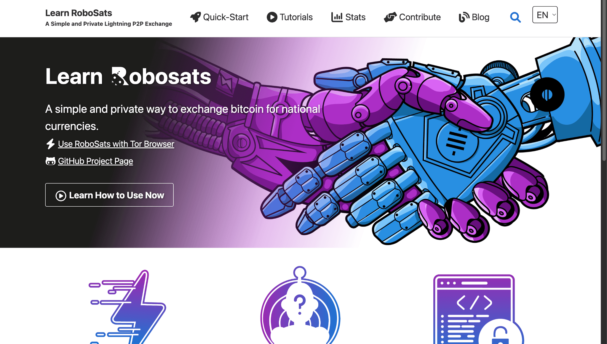 image.pngRoboSats P2P Bitcoin exchange homepage showing private Bitcoin trading, Lightning-based transactions, tutorials, statistics, and a simple trading interface