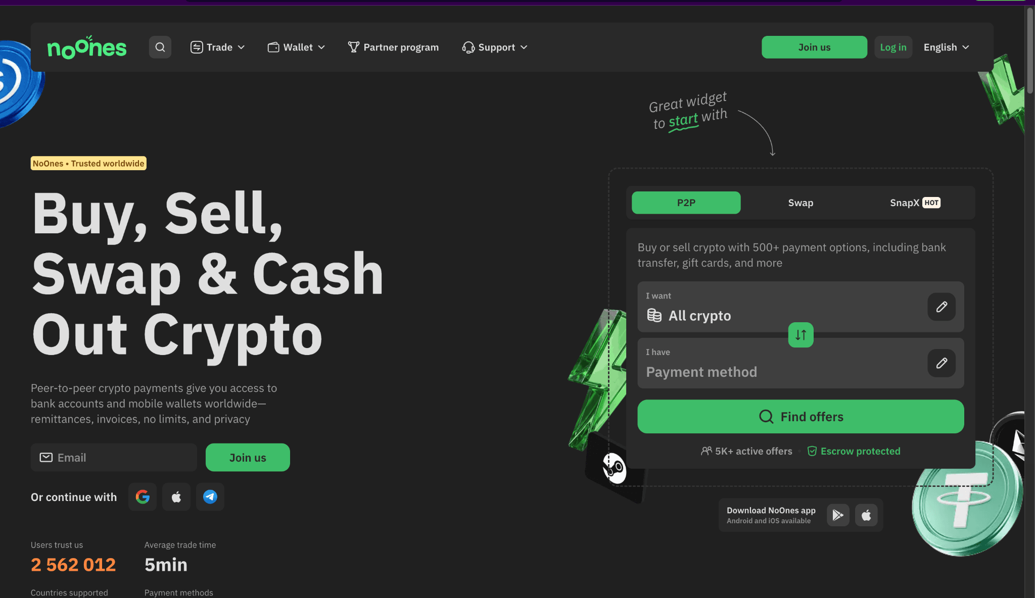 image.pngNoOnes peer-to-peer crypto trading platform showing options to buy, sell, swap, and cash out cryptocurrency with multiple payment methods and escrow protection