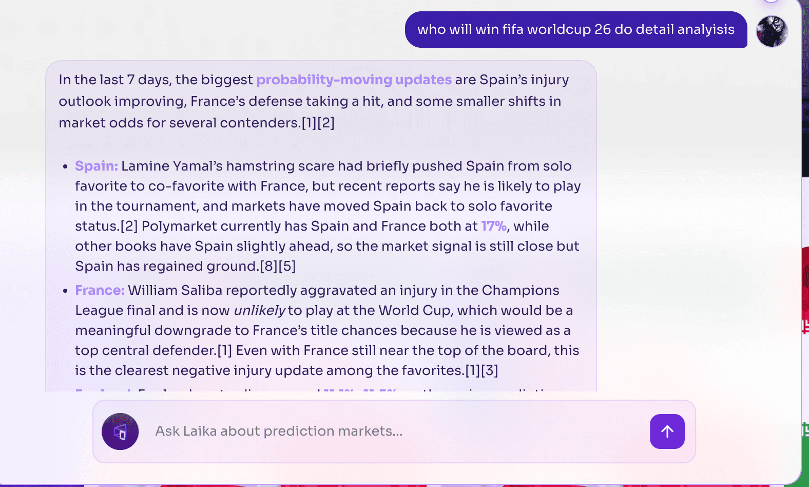 image.pngAI-powered World Cup prediction analysis highlighting Spain and France as leading 2026 FIFA World Cup contenders, with injury updates, probability changes, and market insights.