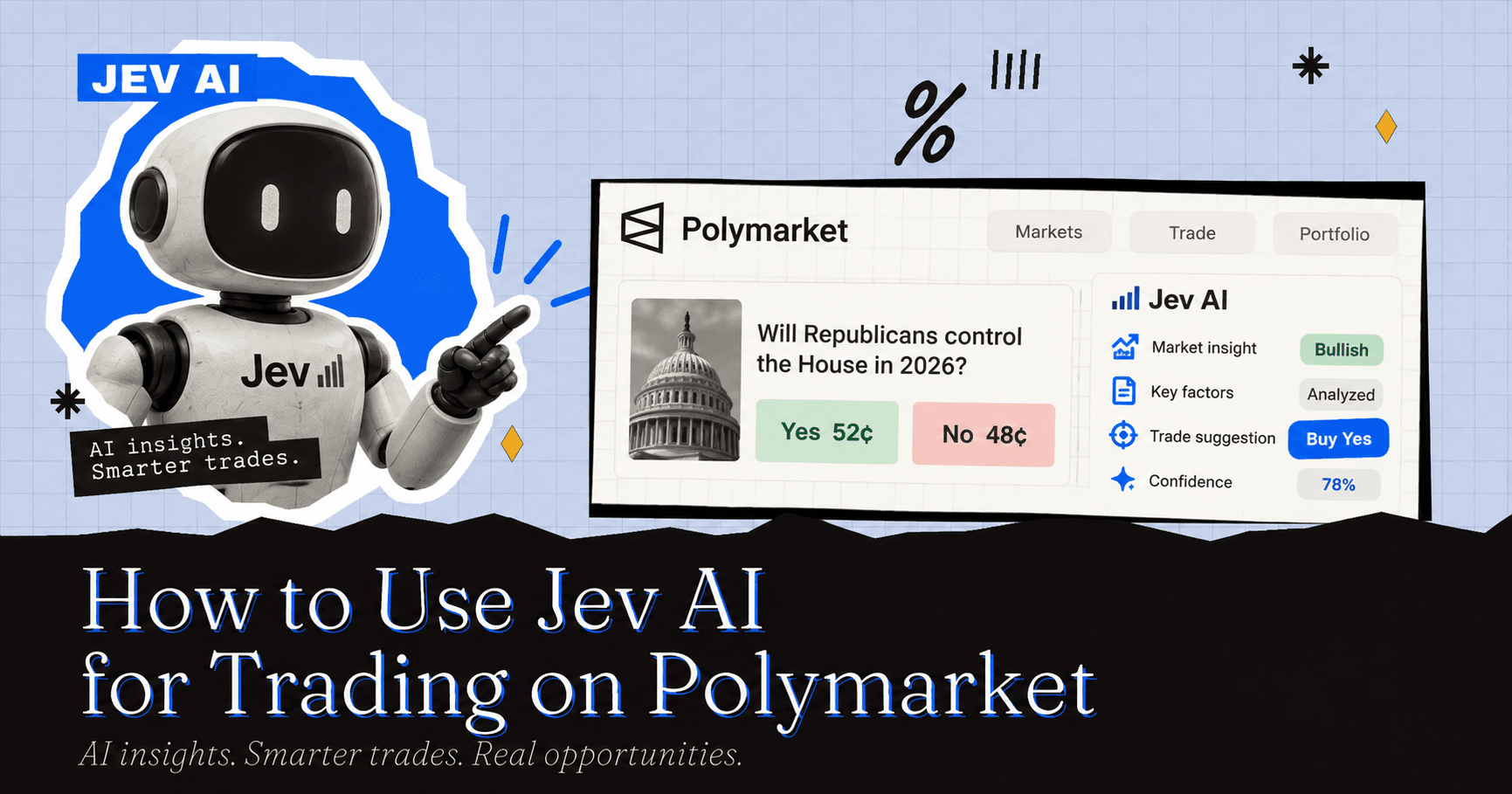 image.pngEditorial collage showing a robot labelled “Jev AI” beside a Polymarket trading dashboard, with AI market insights, trade suggestions, price cards, and the headline “How to Use Jev AI for Trading on Polymarket.