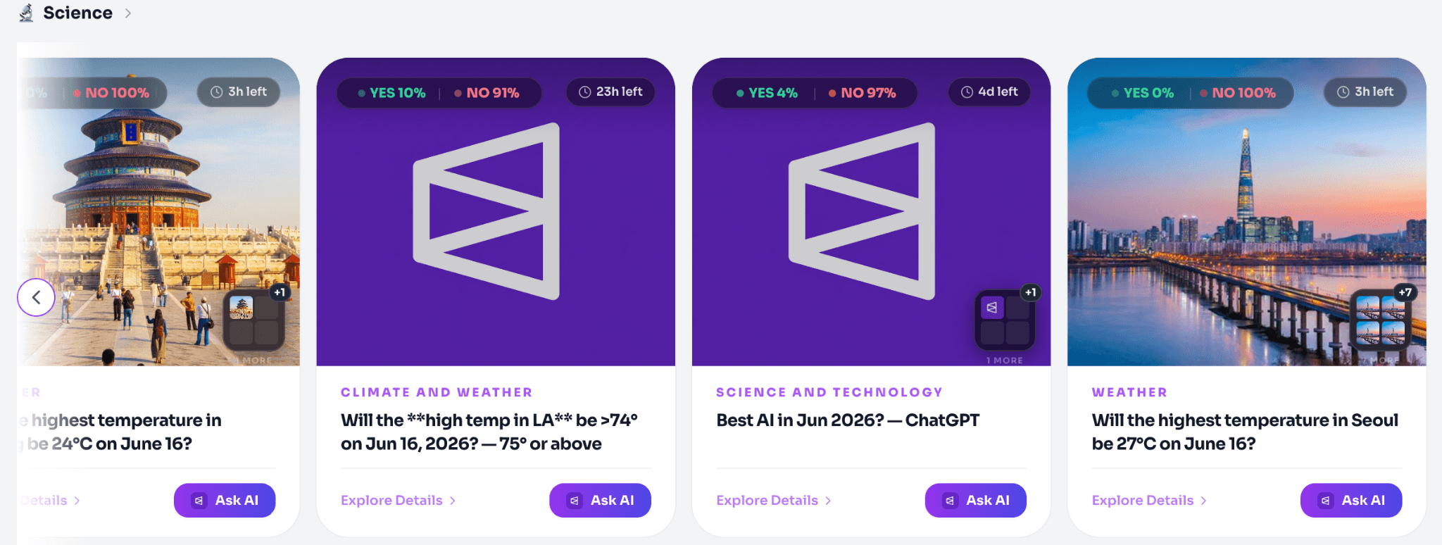 image.pngScreenshot of a prediction market platform displaying science and weather markets, including temperature forecasts for Los Angeles and Seoul, along with AI-related prediction contracts and live market odds