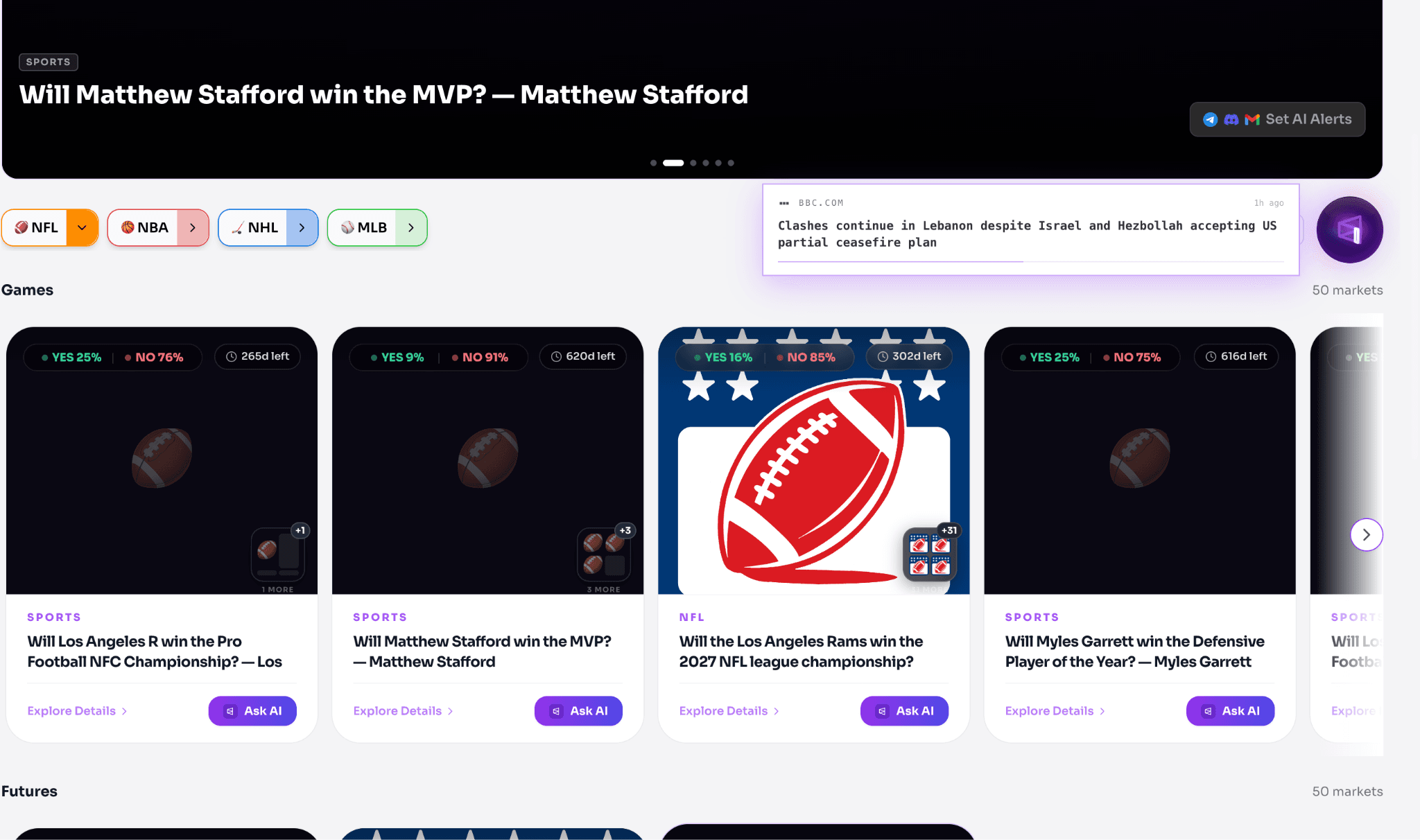 image.pngNFL prediction market dashboard featuring MVP, championship, and player award markets with live probabilities, AI insights, and futures trading opportunities.
