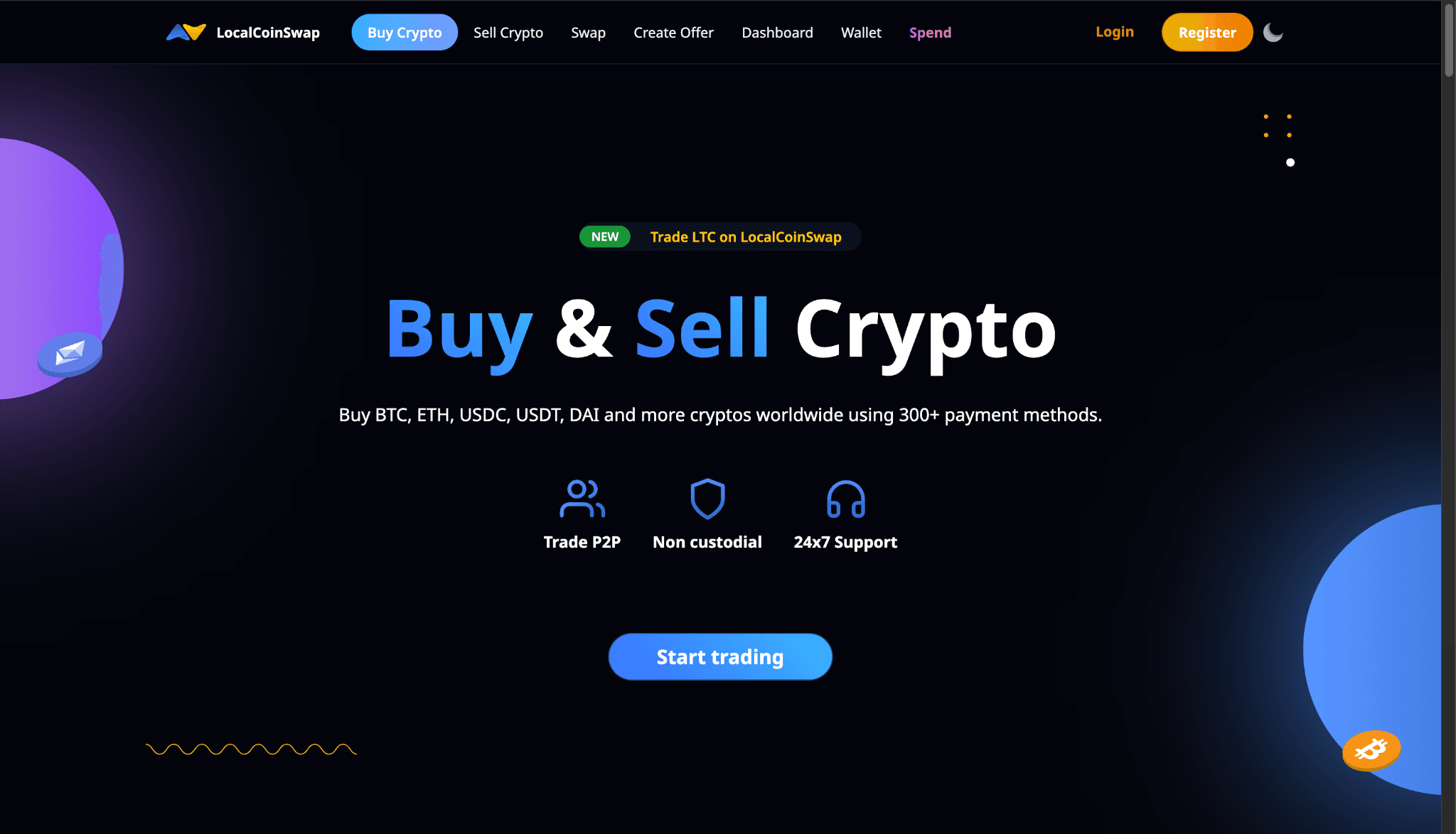 LocalCoinSwap peer-to-peer crypto marketplace showing options to buy and sell Bitcoin, Ethereum, USDC, USDT, and other cryptocurrencies using multiple payment methods.