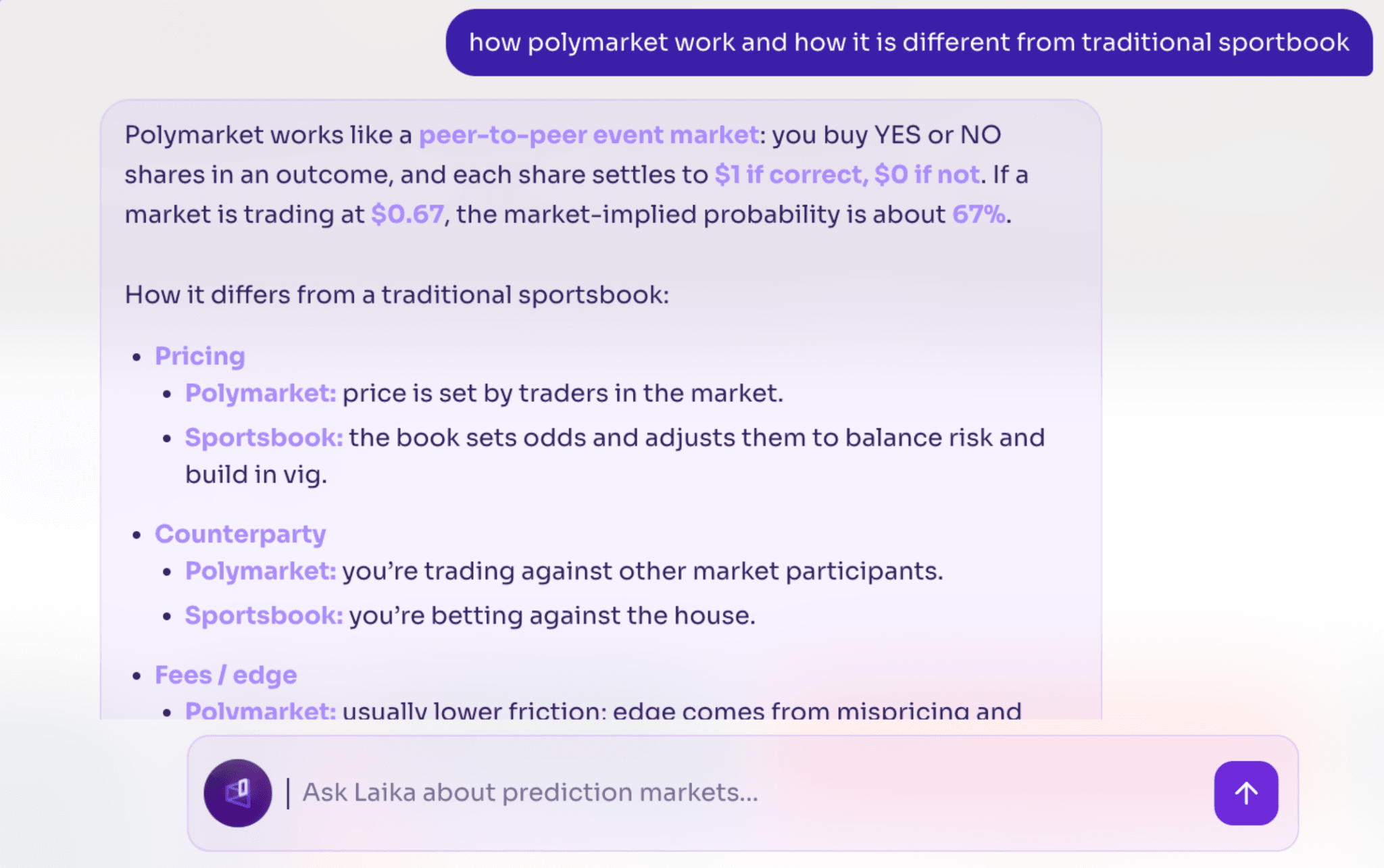 image.pngScreenshot explaining how Polymarket works as a prediction market and how it differs from traditional sportsbooks in pricing, counterparties, and fees.