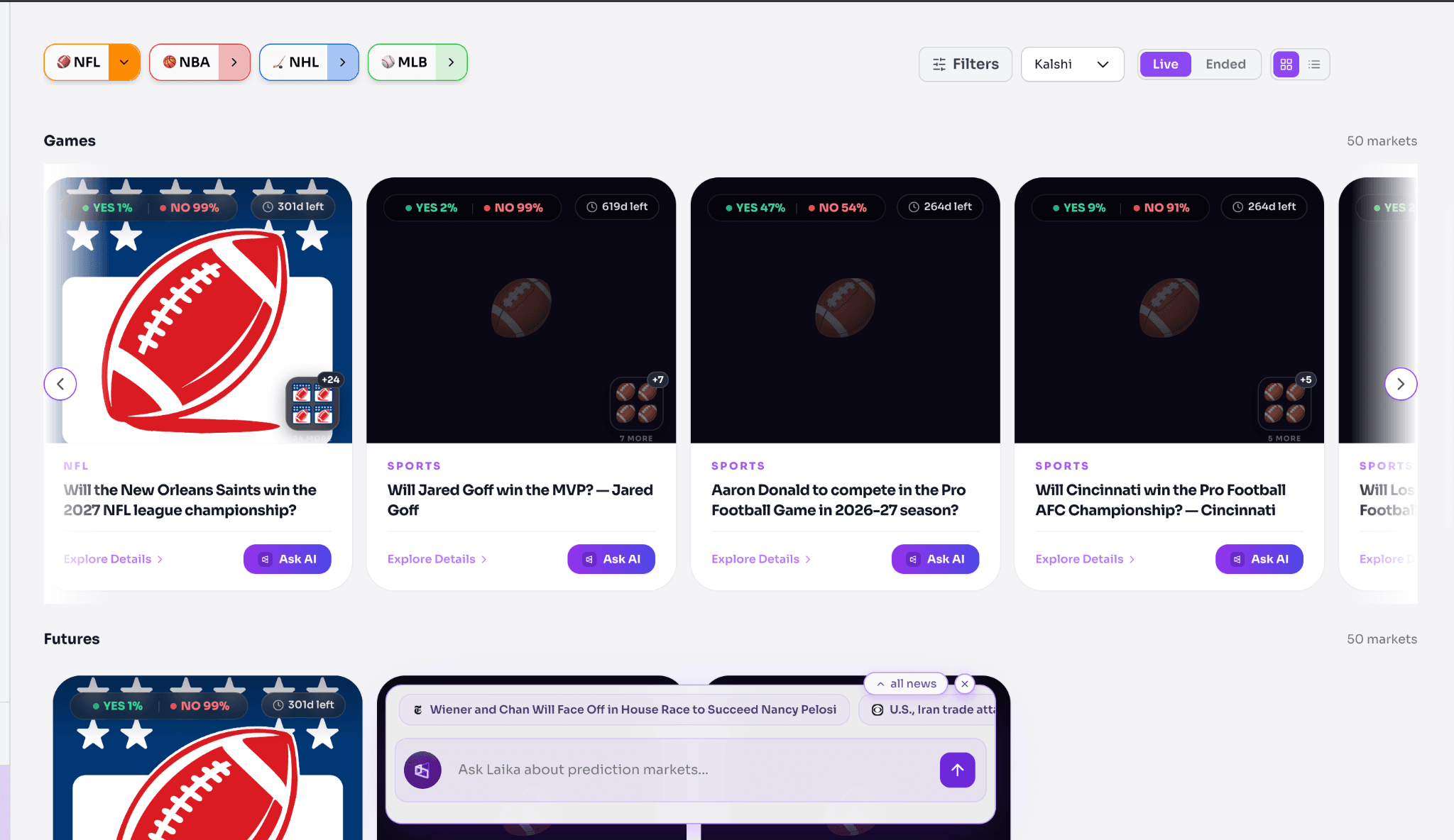 NFL prediction market dashboard featuring championship futures, MVP betting markets, player prop contracts, and AI-powered sports trading analysis.image.png