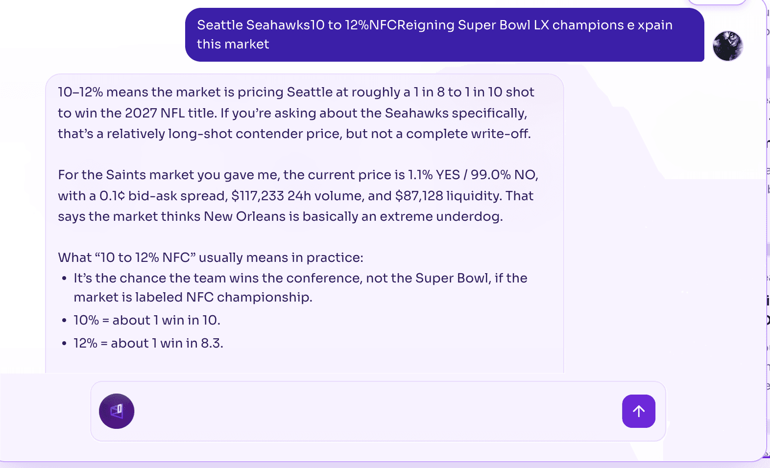 image.pngScreenshot of an AI chat explaining that a 10–12% NFC probability for the Seattle Seahawks represents roughly a 1-in-8 to 1-in-10 chance of winning the conference.