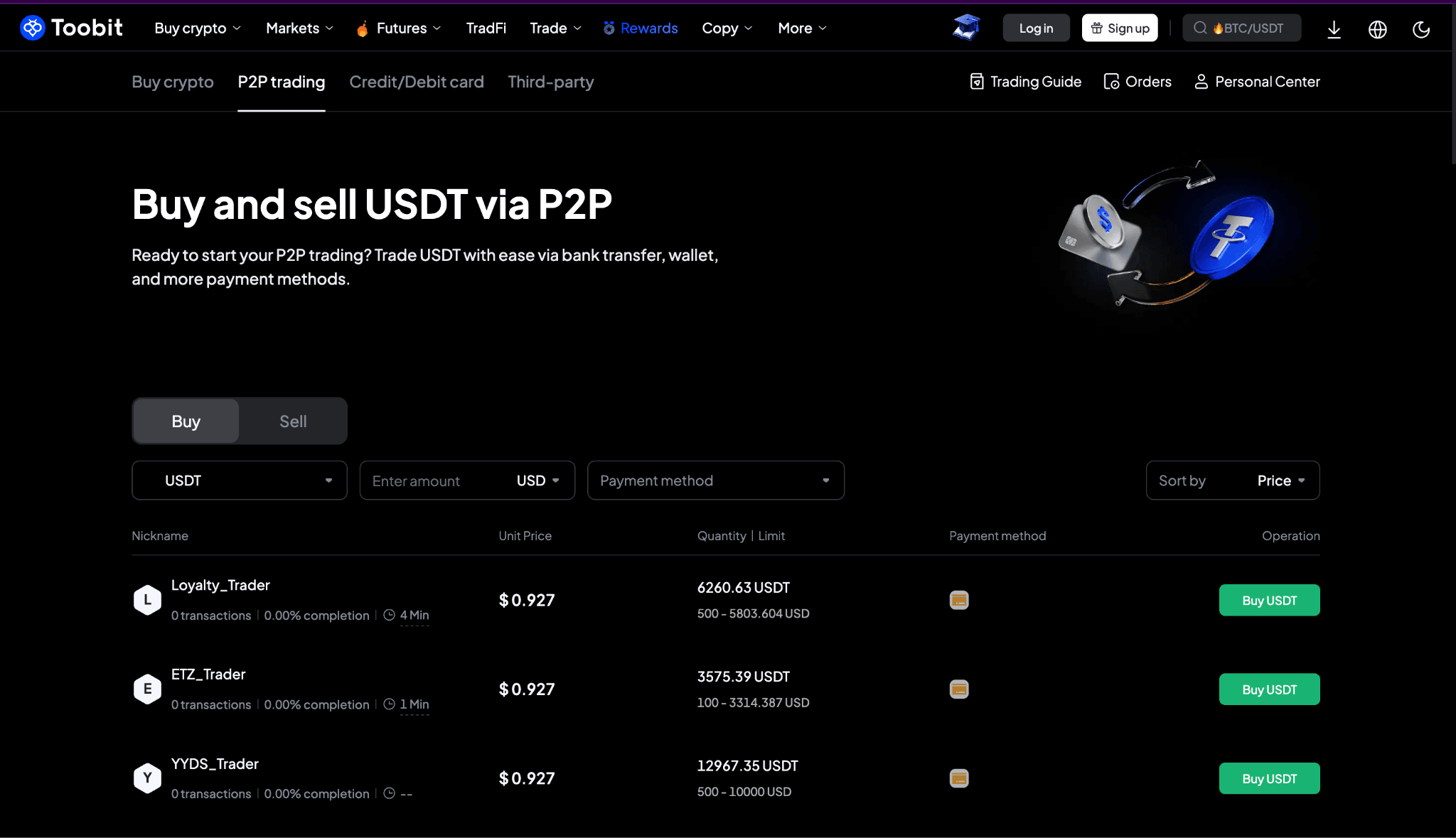 Toobit P2P trading page showing USDT buy and sell offers, unit prices, available quantities, transaction limits, payment methods, and Buy USDT buttons.”