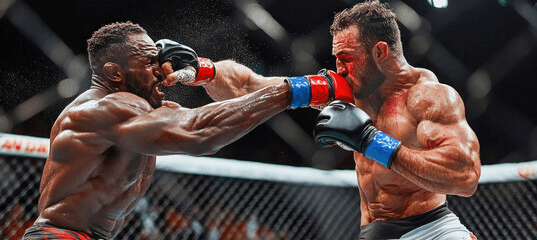 UFC fighters exchanging punches inside the octagon during a high-intensity mixed martial arts fight.