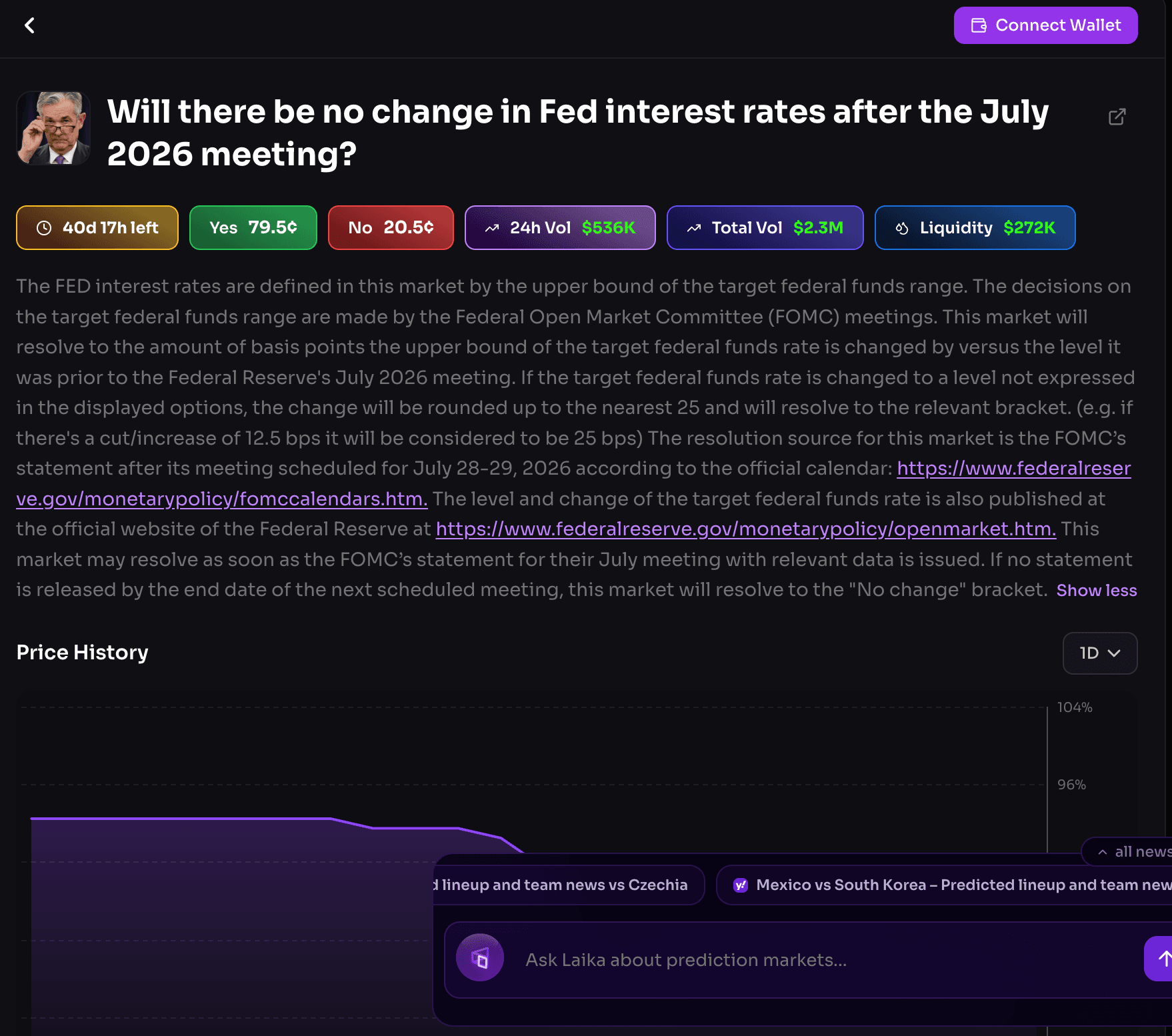 image.pngPolymarket prediction market showing a July 2026 Federal Reserve interest rate market. Traders are pricing a 79.5% probability that the Fed will leave rates unchanged after the July FOMC meeting, with over $2.3 million in total trading volume and $272,000 in liquidity.