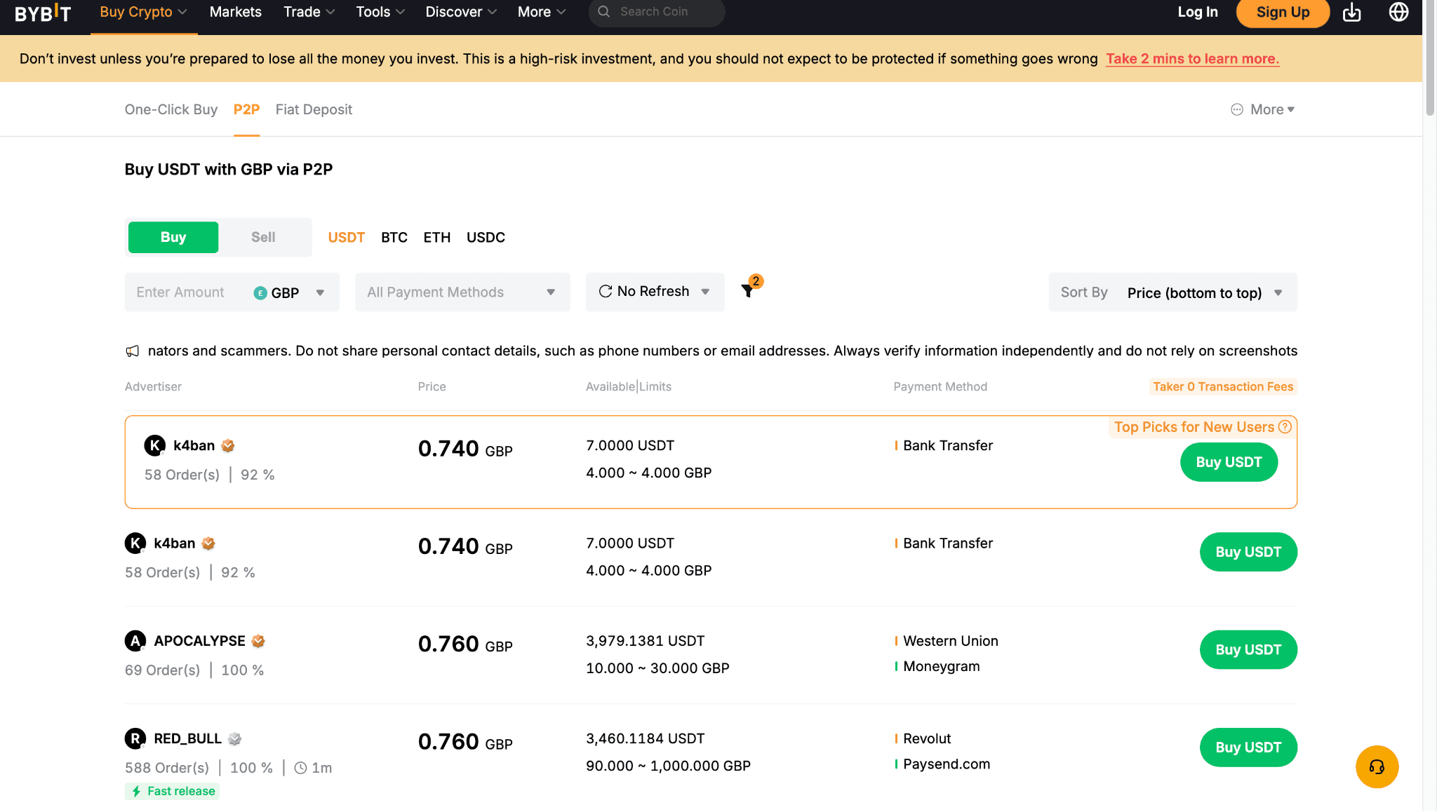 Bybit P2P trading page showing USDT purchases with GBP, advertiser prices, available USDT, payment methods, transaction limits, and Buy USDT options