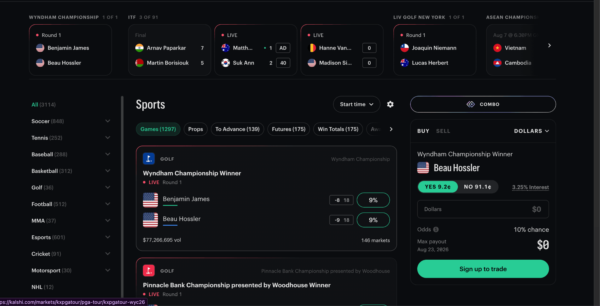 image.pngKalshi sports prediction markets dashboard featuring live golf betting contracts, combo trading, market odds, trading volume, sports categories, and an integrated order entry panel.
