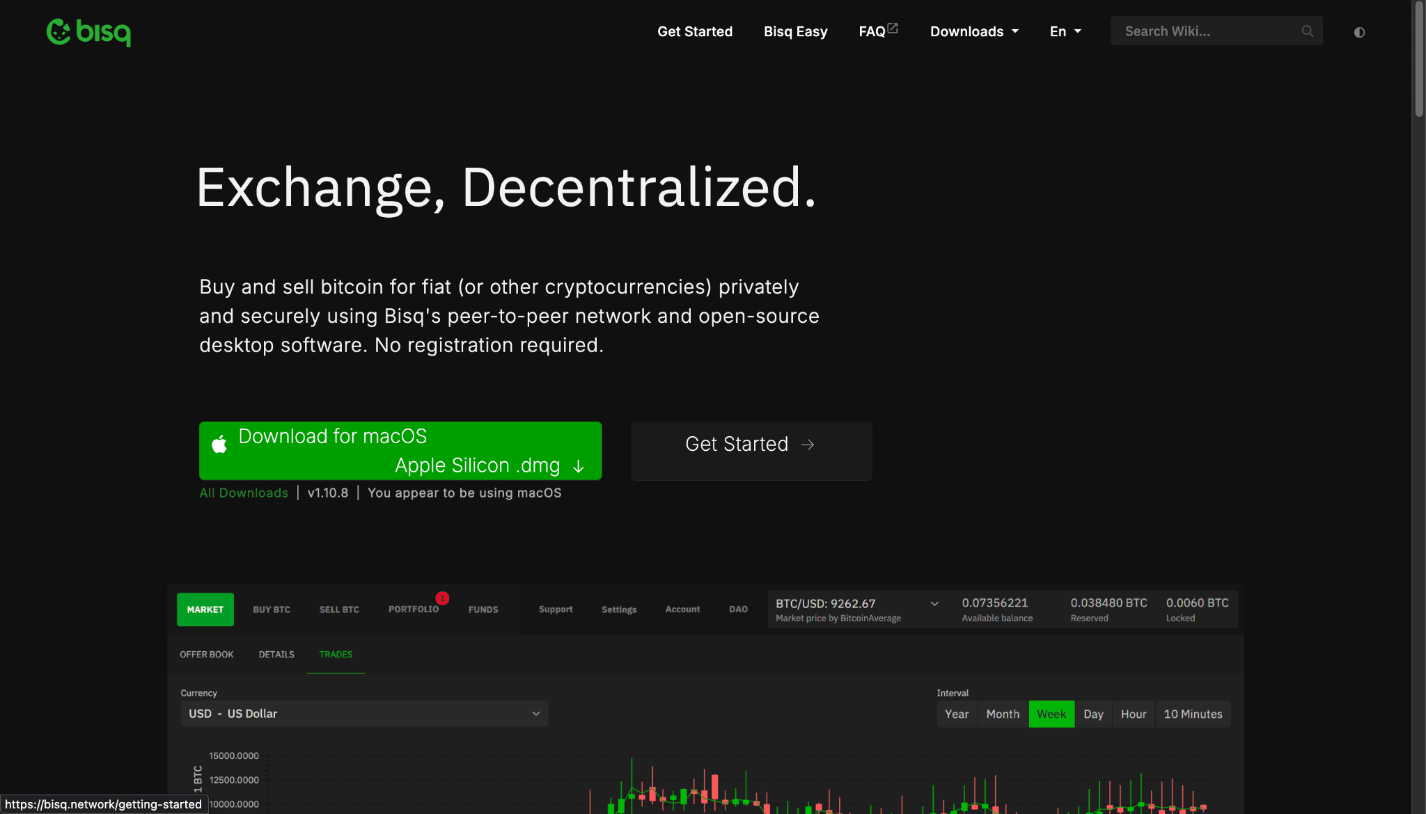 image.pngBisq decentralized Bitcoin exchange homepage showing private peer-to-peer Bitcoin trading, downloadable desktop software, and market trading interface