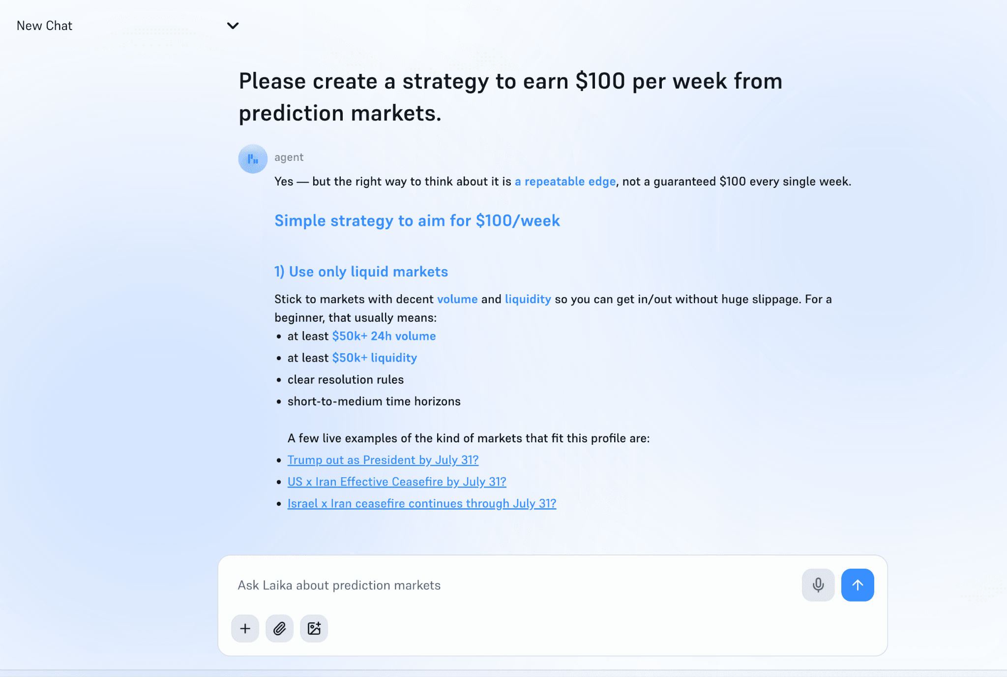 image.pngLaika AI assistant generates a personalized prediction market trading strategy, highlighting liquidity filters, risk management, and step-by-step guidance to help traders build a consistent edge on Polymarket and Kalshi.